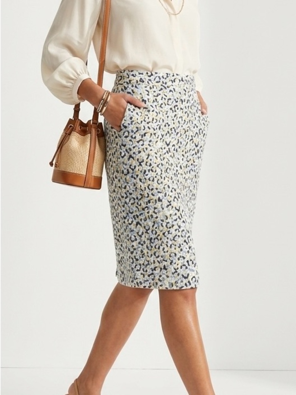 Anthropologie Maeve Leopard Jacquard Knit Pencil Skirt Blue Yellow Sz M